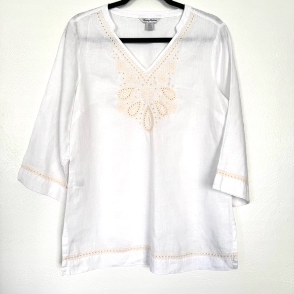 Tommy Bahama Top Women’s Small White 100% Linen Beaded Relax‎ Fit Bohemian Beach - Picture 1 of 11